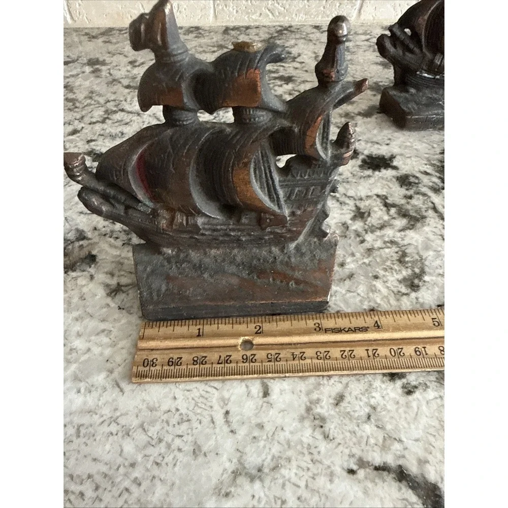 Vintage Cast Iron Sailing Ship Metal Bookends Nautical History